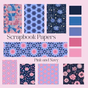 Blommigt scrapbookpapper, rosa, marinblått, lila hobbypapper