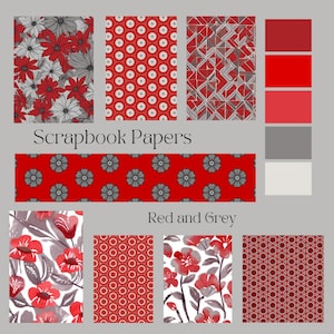 Op de afbeelding: Een verzameling scrapbookpapier in rood en grijs. De afbeelding toont verschillende bloemen- en geometrische patronen, samen met kleurstalen. Tekst op de afbeelding luidt "Scrapbook Papers" en "Red and Grey".