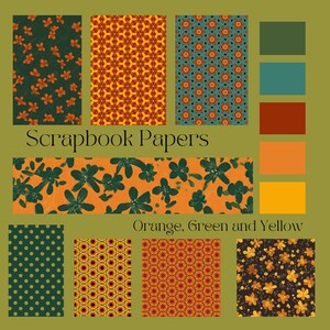 Op de afbeelding: Collectie scrapbookpapier met diverse patronen en kleuren. De ontwerpen omvatten bloemen, geometrische vormen en stippen in tinten oranje, groen en geel. De tekst luidt "Scrapbook Papers" en "Orange, Green and Yellow".