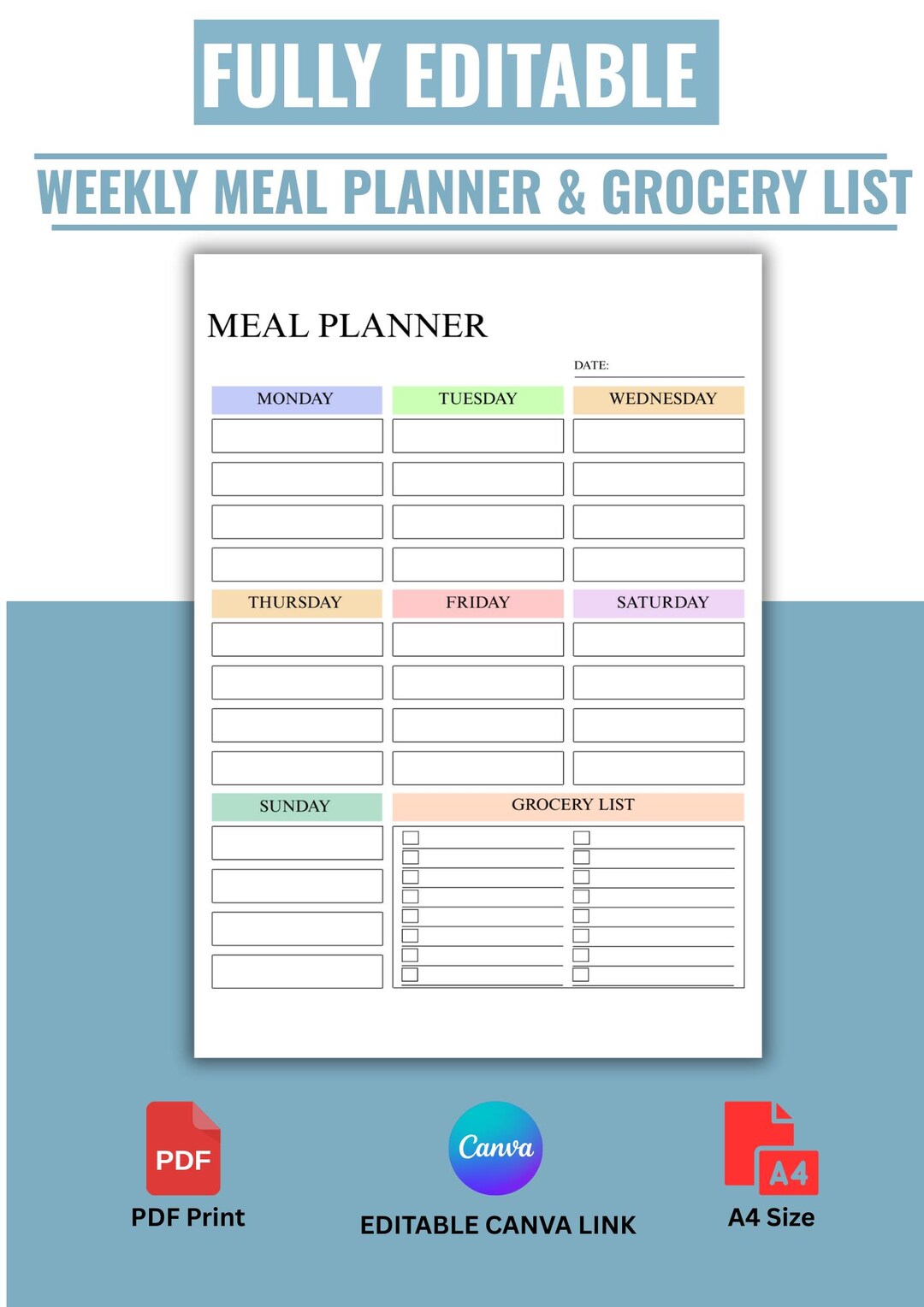 Editable Weekly Meal Planner and Grocery List – Printable Canva PDF A4 ...