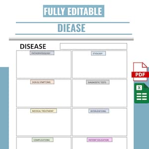 May include: A white and light blue medical template with the words "FULLY EDITABLE" and "DIEASE" at the top. The template includes sections for "DISEASE", "PATHOPHYSIOLOGY", "ETIOLOGY", "SIGN & SYMPTOMS", "DIAGNOSTIC TESTS", "MEDICAL TREATMENT", "INTERVENTIONS", "COMPLICATIONS", and "PATIENT EDUCATION".