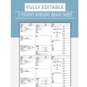 Peut inclure: Une feuille de réflexion infirmière imprimable de deux pages avec des sections pour les informations sur le patient, les signes vitaux et les résultats de laboratoire. La feuille comprend le texte "FULLY EDITABLE" et "2 PATIENT NURSING BRAIN SHEET".