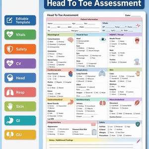 May include: A medical assessment form titled "Head To Toe Assessment" with sections for patient information, vitals, neurological, cardiovascular, respiratory, skin, and musculoskeletal evaluations. The form includes checkboxes and spaces for notes.