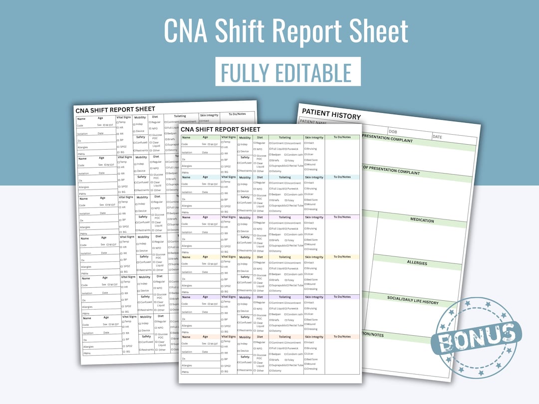 CNA Shift Report Sheet Editable | Nursing Assistant Report Template ...