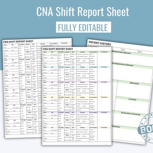 May include: A stack of three white CNA Shift Report Sheets with the text "CNA Shift Report Sheet" and "FULLY EDITABLE" in blue. One sheet includes a "BONUS" sticker.