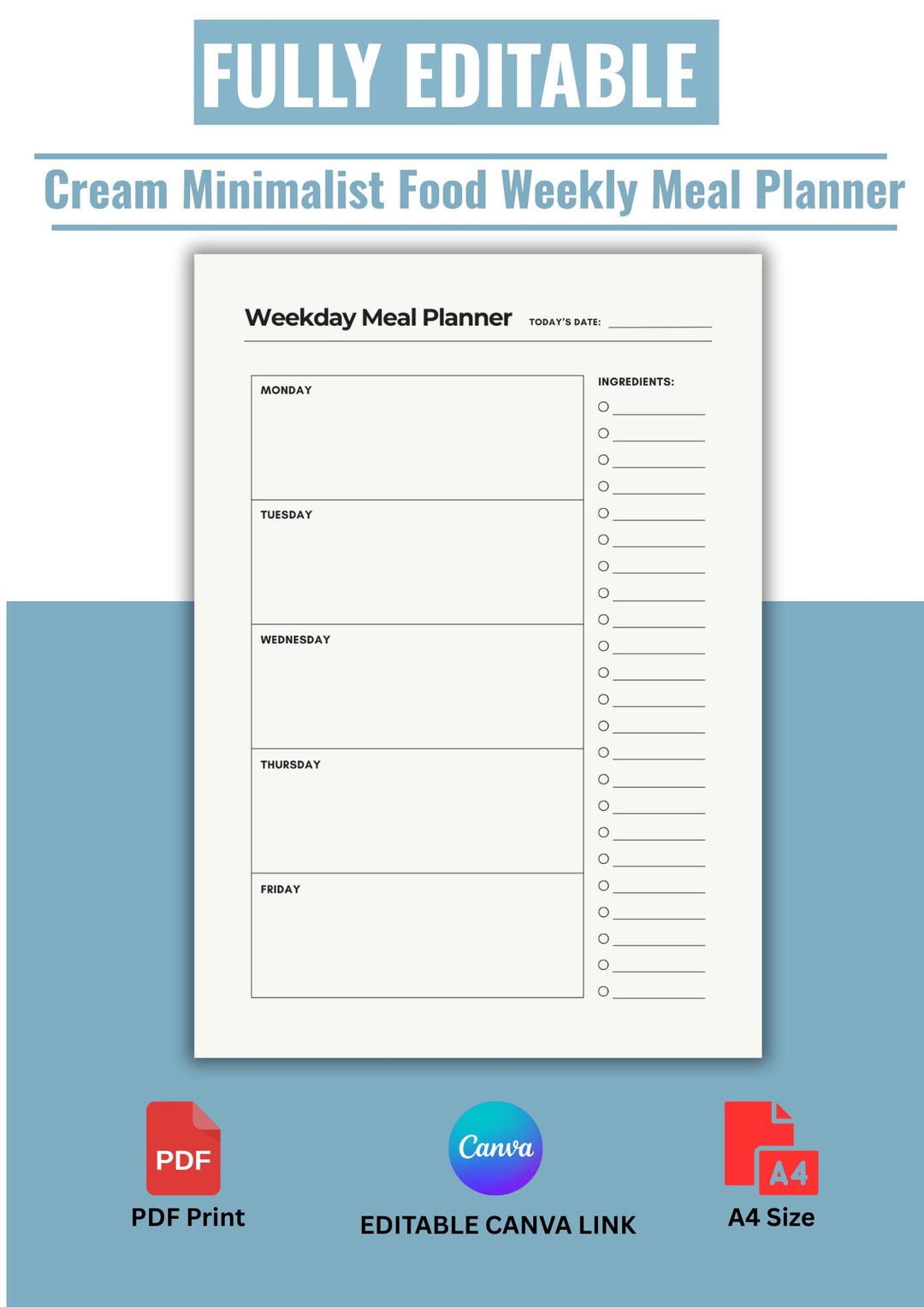 Cream Minimalist Weekly Meal Planner | Editable Canva, A4 PDF - Etsy