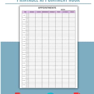 Könnte beinhalten: Ein druckbarer Terminplan mit lila Rahmen, beschriftet mit "Termine". Der Zeitplan ist in Zeitfenster von 7:00 bis 22:00 Uhr unterteilt, mit Spalten für jeden Wochentag. Der Text "FULLY EDITABLE" steht oben.
