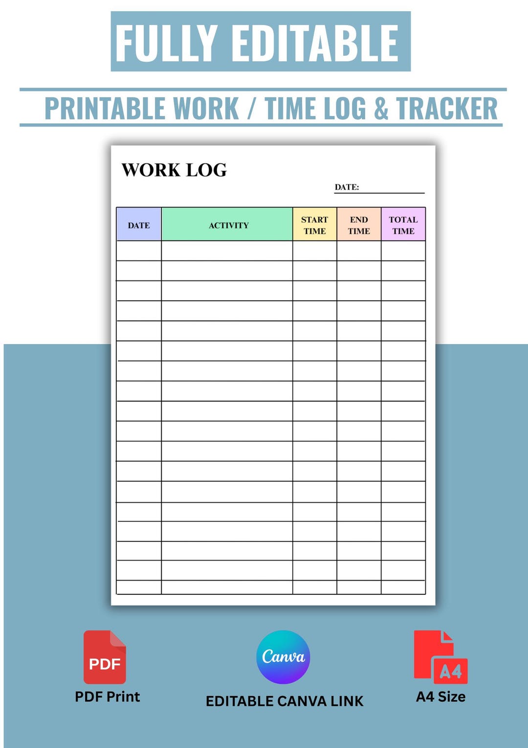 Printable Work Log | A4 Time Tracker, Editable Canva (PDF Format ...