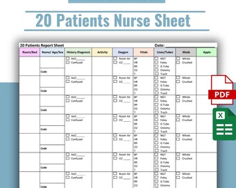 Puede incluir: Una plantilla de hoja de enfermería para 20 pacientes totalmente editable. La hoja de informe incluye secciones para información del paciente, historial, signos vitales y detalles de medicamentos. Los iconos de PDF y Excel son visibles.