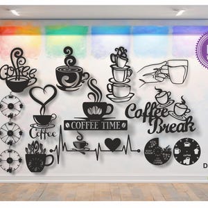 Coffee Wall Decor Bundle vector drawing file for laser cutting , plasma cutting( dxf , dwg , cdr , svg ) 14 pieces Coffee SVG, Cafe SVG