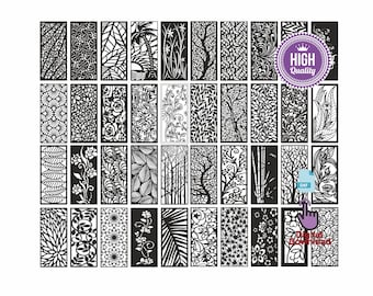 May include: A set of 36 black and white digital download files for laser cutting. The files feature various floral, leaf, and geometric patterns. The designs are perfect for creating decorative screens, room dividers, or other craft projects.