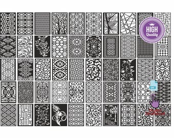 May include: A set of 48 black and white digital cut files featuring intricate geometric and floral patterns. The files are in DXF format and are perfect for creating decorative screens, dividers, or wall art.