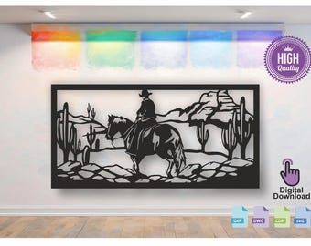 May include: Black and white silhouette of a cowboy riding a horse through a desert landscape with cacti. The image is a digital download file for crafting projects.