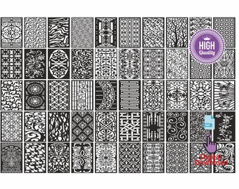 May include: A collection of black and white decorative panel designs. The panels feature various patterns, including floral, geometric, and abstract motifs. A purple "High Quality" seal is visible, along with a "DXF" file icon.