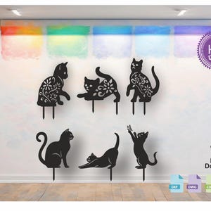 May include: Set of six black cat silhouette cut files. The cats are in various poses, including sitting, lying down, and standing. The files are perfect for creating custom crafts, home decor, and more.