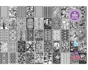 May include: A collection of 48 black and white digital download files featuring intricate patterns for laser cutting. The patterns include geometric shapes, floral designs, and abstract motifs.