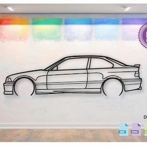 May include: A black and white line art illustration of a car, a BMW 3 series, on a white background. The car is facing the right side of the image. The image is a digital download and includes the file formats DXF, DWG, CDR, and SVG.