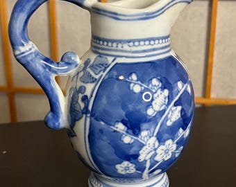 Vintage Chinoiserie blue and white floral pitcher small 5.5"