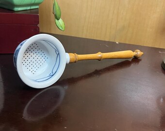 Antique Meissen German tea strainer handmade porcelain & wood 9.5&quot;