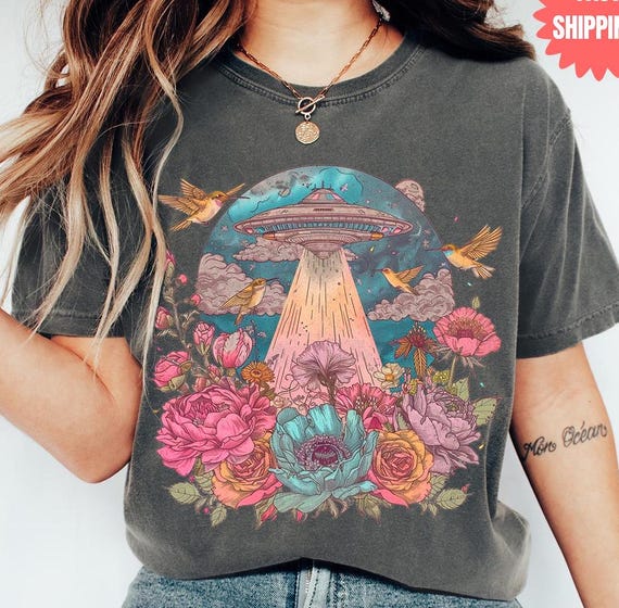 Colorful Alien Comfort Colors® Shirt, Cottagecore Alien, Retro Ufo Shirt, Alien Mom Shirt, Get In Loser, Alien Abduction Gift, Mystical Tee