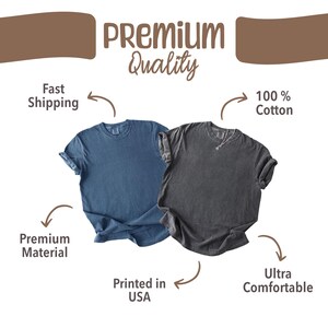 May include: Two t-shirts, one blue and one gray, are displayed. The image includes text that reads "Premium Quality", "100% Cotton", "Printed in USA", and "Ultra Comfortable". The shirts are made of premium material.