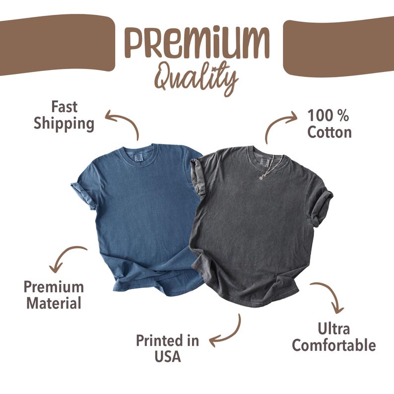 May include: Two t-shirts, one blue and one gray, are displayed. The image includes text that reads "Premium Quality", "100% Cotton", "Printed in USA", and "Ultra Comfortable". The shirts are made of premium material.