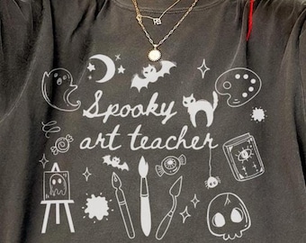 Spooky Art Teacher Shirt, Vintage Halloween Comfort Colors® Shirt, Art Teacher Outfit, Cute 90s Doodles , Colorful Tshirt, Boo School