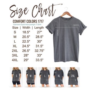 May include: A size chart for a Comfort Colors 1717 garment-dyed heavyweight t-shirt. The chart includes measurements for sizes S to 4XL, with width and length in inches. The image also shows a gray t-shirt on a hanger and models wearing the t-shirt.