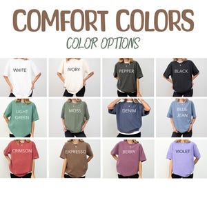 a woman wearing a t - shirt that says comfort colors
