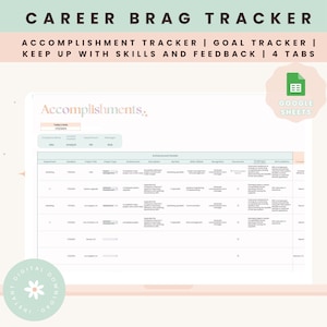 Może przedstawiać: Cyfrowy plik do pobrania szablonu Google Arkuszy kalkulacyjnych zatytułowanego „Career Brag Tracker”. Szablon został zaprojektowany, aby pomóc użytkownikom w śledzeniu swoich osiągnięć, celów, umiejętności i informacji zwrotnej. Szablon zawiera cztery karty: Osiągnięcia, Cele, Umiejętności i Informacje zwrotne. Szablon został zaprojektowany do użytku w Google Arkuszach kalkulacyjnych.