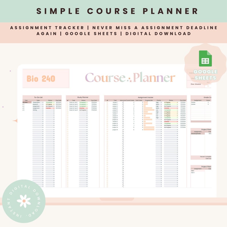 Course Review Tracker Student Course Academic Planner Assignment Tracker Academic Tracker ...