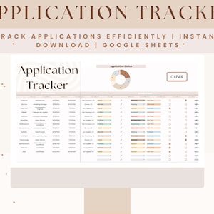 Könnte beinhalten: Eine digitale Bewerbungs-Tracker-Tabelle mit dem Titel "APPLICATION TRACKER" oben. Die Tabelle enthält Abschnitte zur Verfolgung des Bewerbungsstatus, des Unternehmens und des Datums. Der Text "TRACK APPLICATIONS EFFICIENTLY | INSTANT DOWNLOAD | GOOGLE SHEETS" ist ebenfalls sichtbar.