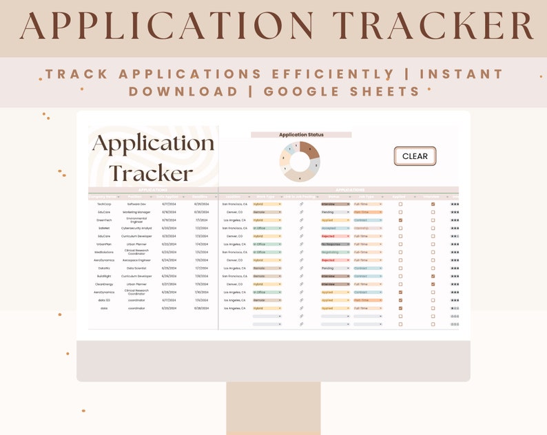 K&ouml;nnte beinhalten: Eine digitale Bewerbungs-Tracker-Tabelle mit dem Titel "APPLICATION TRACKER" oben. Die Tabelle enth&auml;lt Abschnitte zur Verfolgung des Bewerbungsstatus, des Unternehmens und des Datums. Der Text "TRACK APPLICATIONS EFFICIENTLY | INSTANT DOWNLOAD | GOOGLE SHEETS" ist ebenfalls sichtbar.