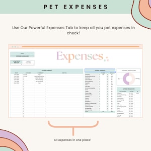 May include: A digital spreadsheet titled "Expenses" with a pastel color scheme. The spreadsheet is for tracking pet expenses, with categories like adoption, vet visits, and supplies. Text at the top reads "PET EXPENSES".