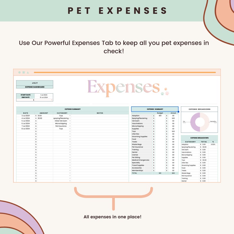May include: A digital spreadsheet titled "Expenses" with a pastel color scheme. The spreadsheet is for tracking pet expenses, with categories like adoption, vet visits, and supplies. Text at the top reads "PET EXPENSES".