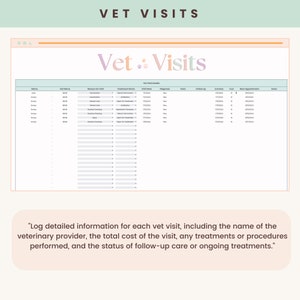 May include: A digital document titled "Vet Visits" with a pastel color scheme. The document includes a table for logging vet visit details, such as the name, vet name, reason for visit, treatment given, and visit date. A quote is at the bottom.