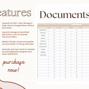 K&ouml;nnte beinhalten: Eine digitale Dokumentenverwaltungsoberfl&auml;che mit den W&ouml;rtern "features" und "documents". Die Oberfl&auml;che enth&auml;lt eine Tabelle mit Firmennamen und Dokumentkategorien. Text hebt Funktionen wie die Verwaltung von Bewerbungen und den mobilen Zugriff hervor.