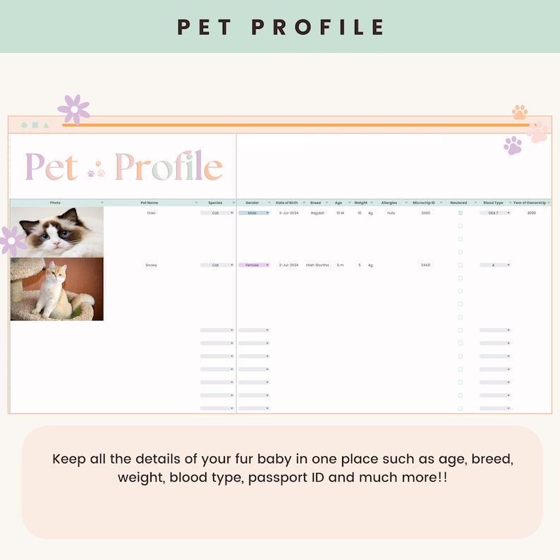 May include: A pet profile template with the text "Pet Profile" in pastel colors. The template includes sections for photos, pet name, species, gender, date of birth, breed, age, weight, and more. The bottom text reads: Keep all the details of your fur baby in one place.