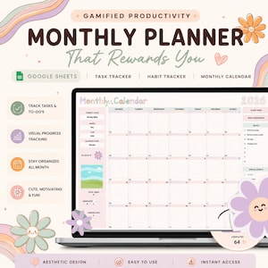 May include: Aesthetic digital monthly planner displayed on a laptop screen. The planner features a calendar layout for the year 2026, with sections for tasks, habit tracking, and a monthly calendar. The design includes floral and pastel elements.