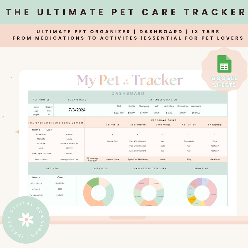 May include: Digital pet care tracker with a dashboard design. The tracker includes sections for pet profile, expenses, vet visits, and shopping. The text reads "My Pet Tracker" and "Ultimate Pet Organizer".