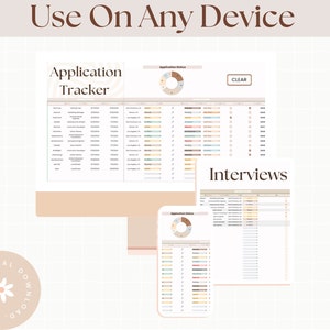 K&ouml;nnte beinhalten: Digitales Bewerbungs-Tracker-Template mit dem Text "Application Tracker" und "Interviews". Das Template enth&auml;lt Diagramme und Tabellen mit Daten, und der Text "Use On Any Device" steht oben. Digitaler Download verf&uuml;gbar.