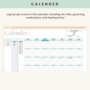 May include: A pet calendar with the word "CALENDER" at the top. The calendar is for July 2024 and includes space to log pet events such as vet visits, grooming, medications, and feeding times. The word "Calender" is written in a colorful font.