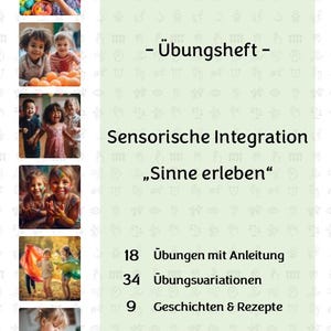 Puede incluir: Una cubierta ilustrada verde y blanca para un cuaderno de trabajo titulado "Sensorische Integration, "Sinne erleben" con una imagen colorida de niños jugando con plastilina. El cuaderno de trabajo incluye 18 ejercicios con instrucciones, 34 variaciones de ejercicios y 9 historias y recetas. Fue desarrollado por maestras de educación especial especializadas en integración sensorial.