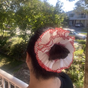 Handmade Red Trim Pleated Lace Floral Scrunchies, Ruffled Hair Ties, Oversized Hair Accessories, Double-Layer, Best Gift for Her.