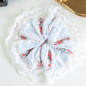 Handmade Oversized Vintage Red Floral White Lace Trim Hair Scrunchie, High-Quality Cotton Fabric, Gift for her.