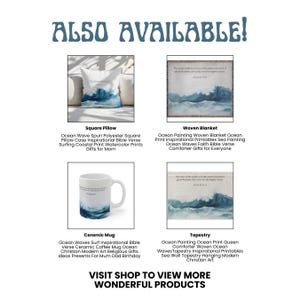 May include: A collage of four different products featuring a watercolor painting of ocean waves with the text "The waves of the Lord are upon the waters; the God of glory thunders; the Lord is on the mighty waters." Psalm 29:3. The products include a square pillow, a woven blanket, a ceramic mug, and a tapestry.