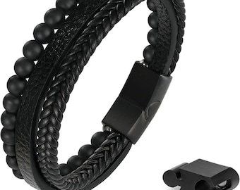 Leather Layered onyx Bracelet - Lava Rock Stone Jewelry For Women And Men