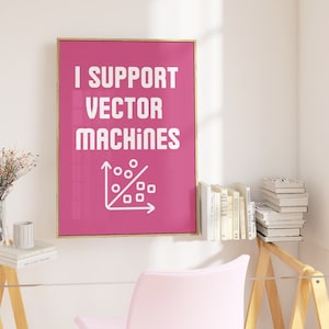 May include: A pink framed poster with the text "I support vector machines" in white. The poster also features a white line graph with circles and squares.