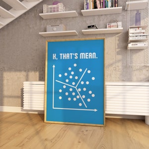 May include: A blue poster with a white scatter plot graph and the text "H, THAT'S MEAN." in white.