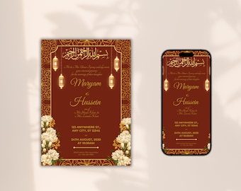 Plantilla de invitación de boda islámica en rojo y dorado / Diseño editable de Canva para Nikkah o Walima